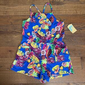 ThereAbouts Racing Blue Leaf Terry Cloth Romper Size Girl's L NWT